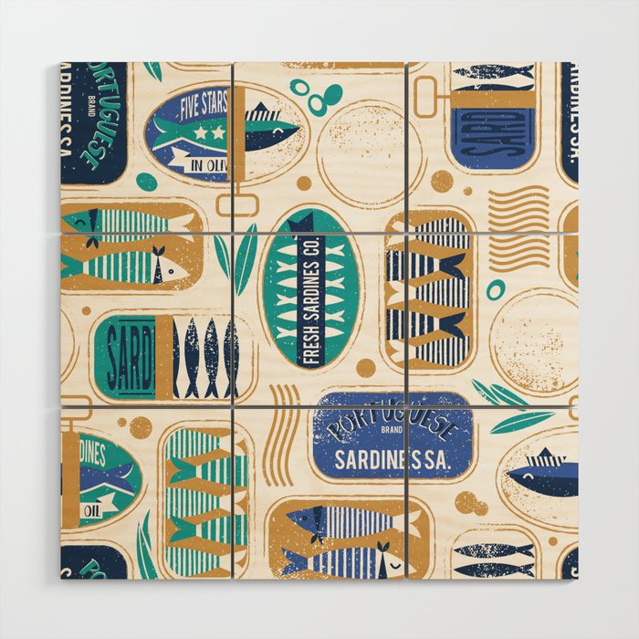 Vintage canned sardines // white background peacock teal and electric blue cans  Wood Wall Art Gallery Image 1