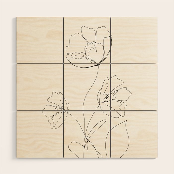 Poppies Minimal Line Art Wood Wall Art