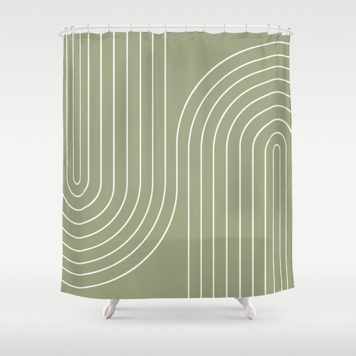 Minimal Line Curvature LXXXII Earthy Sage Green Mid Century Modern Arch Abstract Shower Curtain Gallery Image 1