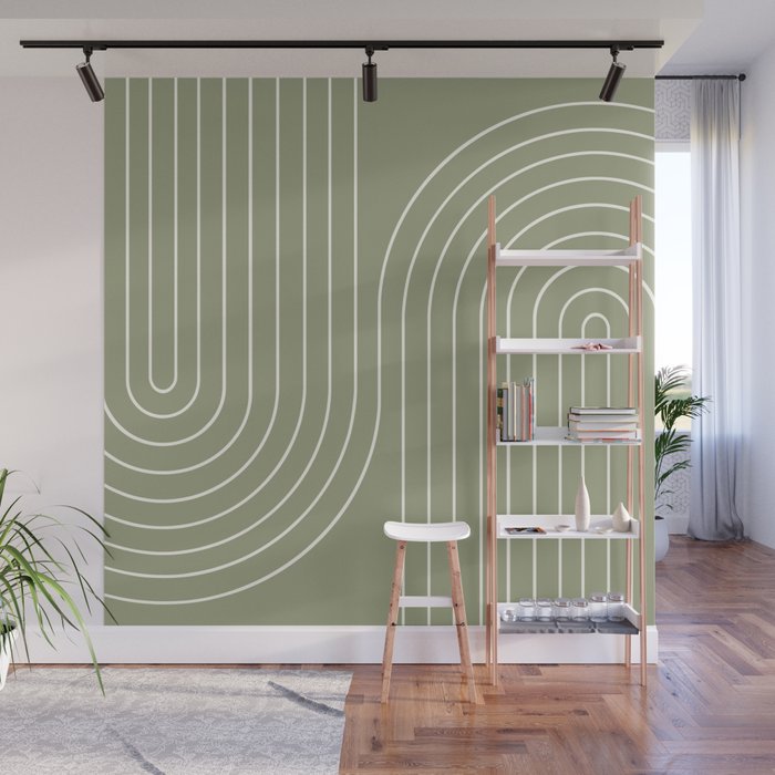 Minimal Line Curvature LXXXII Earthy Sage Green Mid Century Modern Arch Abstract Wall Mural Gallery Image 1