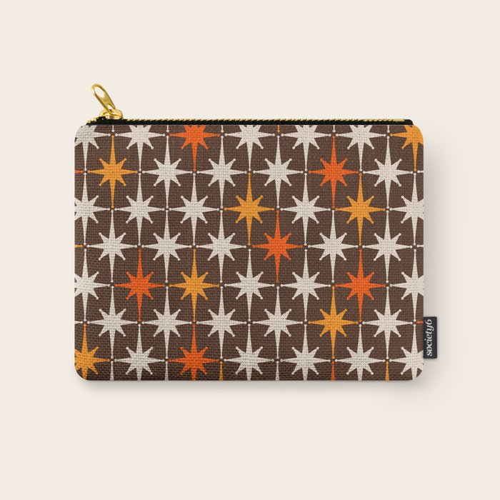 Midcentury Modern Atomic Age Starburst Pattern in Retro 70s Brown Orange Beige Carry All Pouch Gallery Image 1