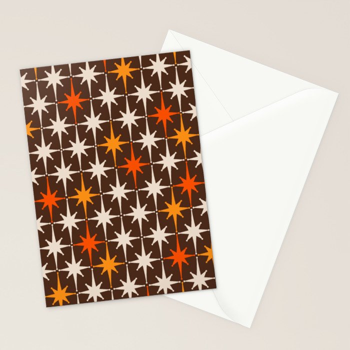 Midcentury Modern Atomic Age Starburst Pattern in Retro 70s Brown Orange Beige Stationery Card Gallery Image 2
