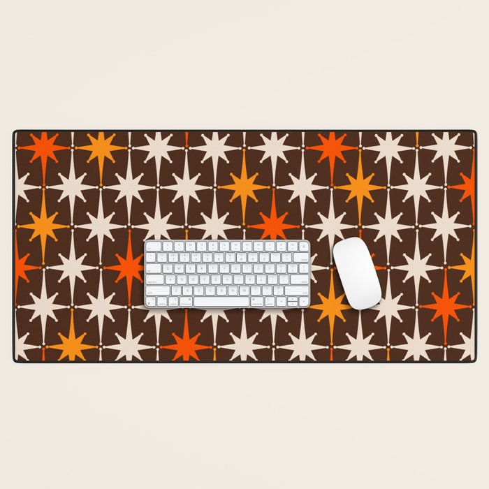Midcentury Modern Atomic Age Starburst Pattern in Retro 70s Brown Orange Beige Desk Mat Gallery Image 1