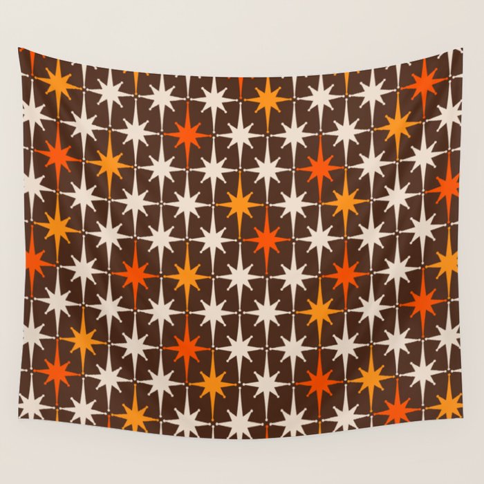 Midcentury Modern Atomic Age Starburst Pattern in Retro 70s Brown Orange Beige Wall Tapestry Gallery Image 4