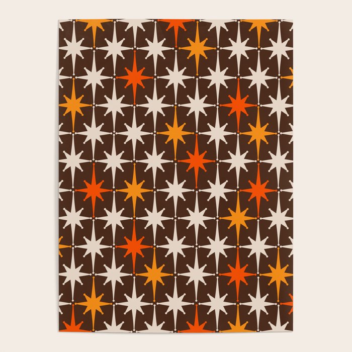 Midcentury Modern Atomic Age Starburst Pattern in Retro 70s Brown Orange Beige Poster Gallery Image 4
