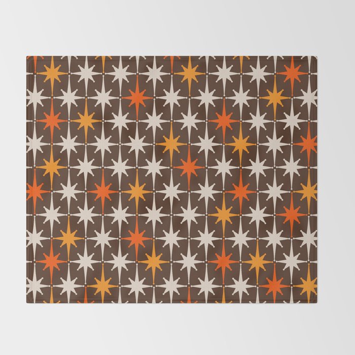 Midcentury Modern Atomic Age Starburst Pattern in Retro 70s Brown Orange Beige Throw Blanket Gallery Image 2