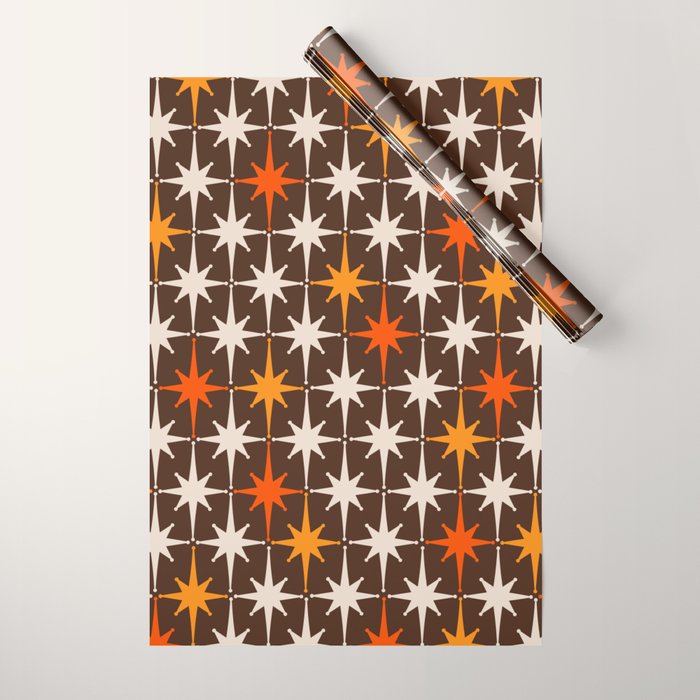 Midcentury Modern Atomic Age Starburst Pattern in Retro 70s Brown Orange Beige Wrapping Paper Gallery Image 1