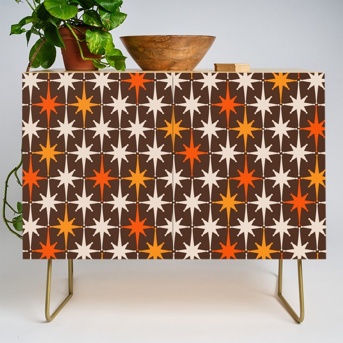 Midcentury Modern Atomic Age Starburst Pattern in Retro 70s Brown Orange Beige Credenza Gallery Image 1