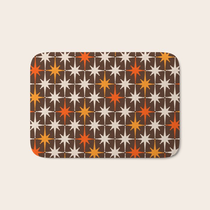 Midcentury Modern Atomic Age Starburst Pattern in Retro 70s Brown Orange Beige Bath Mat Gallery Image 1