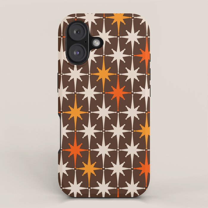 Midcentury Modern Atomic Age Starburst Pattern in Retro 70s Brown Orange Beige iPhone Case Gallery Image 1
