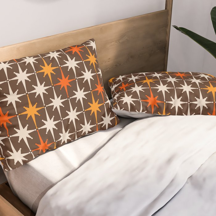 Midcentury Modern Atomic Age Starburst Pattern in Retro 70s Brown Orange Beige Pillow Sham Gallery Image 2