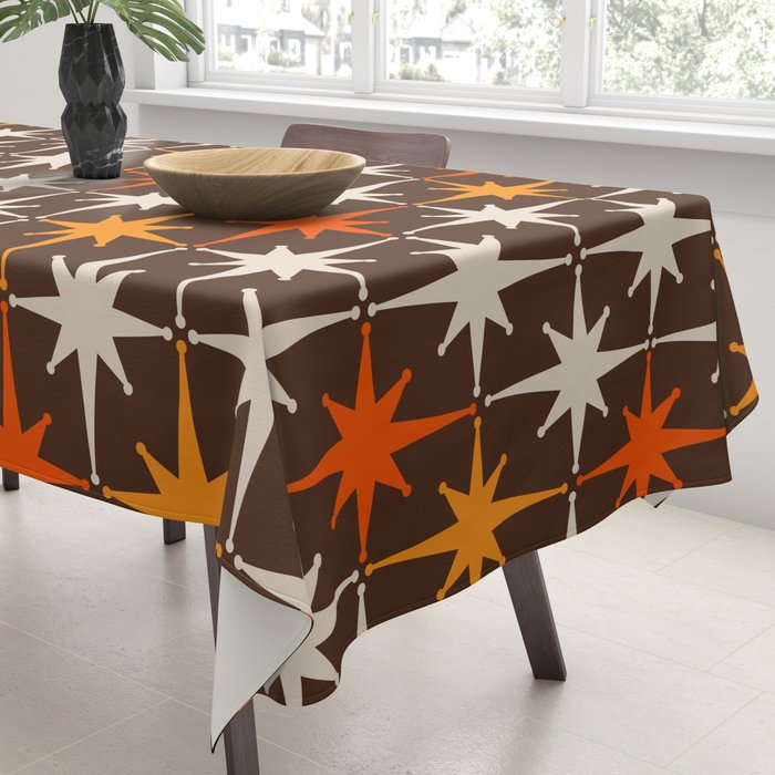 Midcentury Modern Atomic Age Starburst Pattern in Retro 70s Brown Orange Beige Tablecloth Gallery Image 3