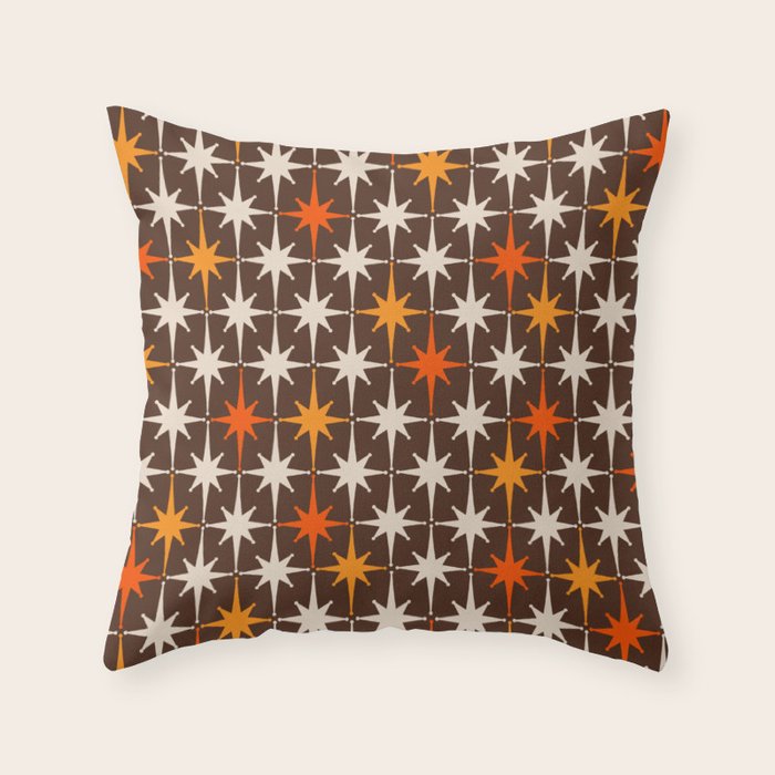 Midcentury Modern Atomic Age Starburst Pattern in Retro 70s Brown Orange Beige Throw Pillow Gallery Image 6