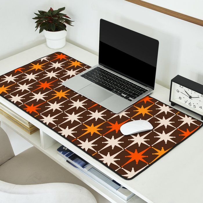Midcentury Modern Atomic Age Starburst Pattern in Retro 70s Brown Orange Beige Desk Mat Gallery Image 2