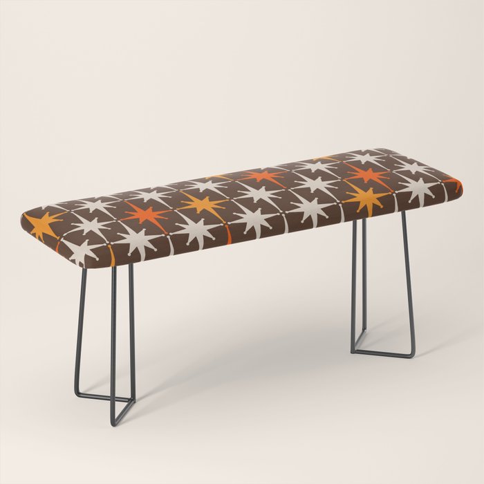 Midcentury Modern Atomic Age Starburst Pattern in Retro 70s Brown Orange Beige Bench Gallery Image 1