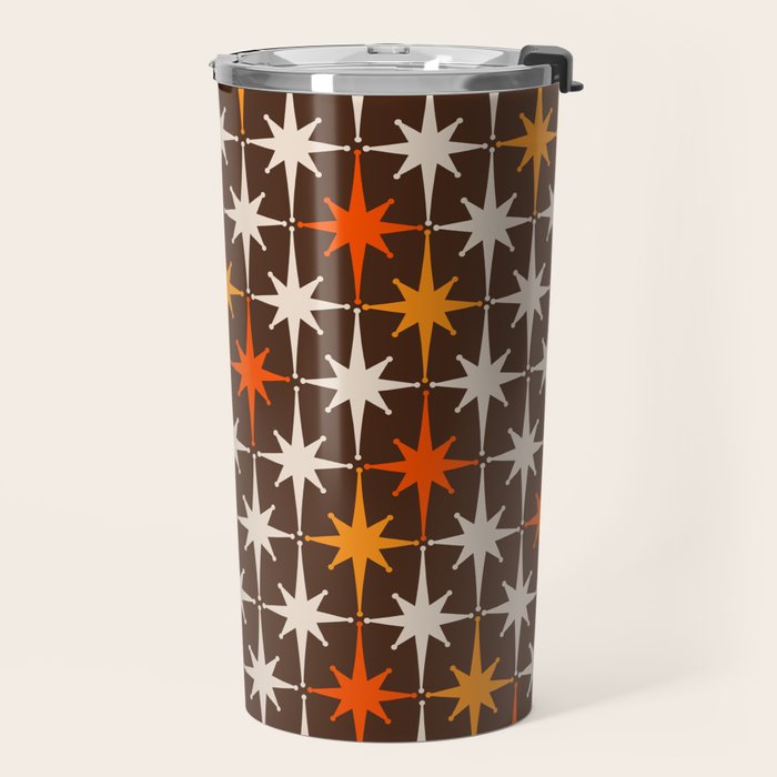 Midcentury Modern Atomic Age Starburst Pattern in Retro 70s Brown Orange Beige Travel Mug Gallery Image 2