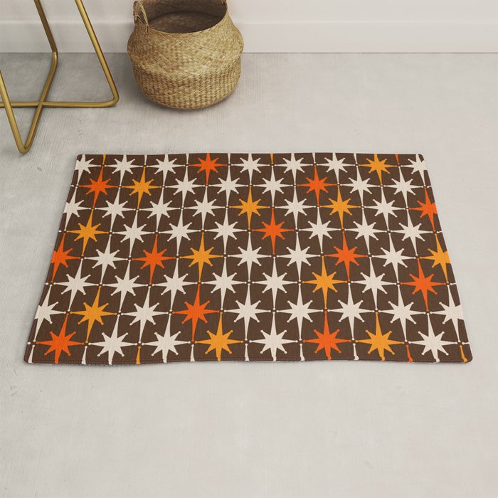 Midcentury Modern Atomic Age Starburst Pattern in Retro 70s Brown Orange Beige Rug Gallery Image 1