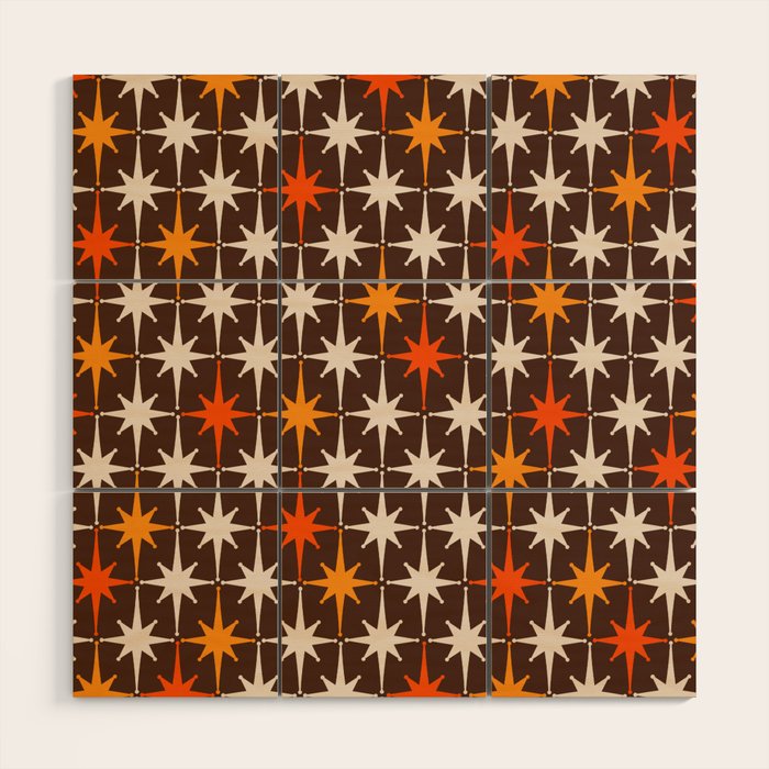Midcentury Modern Atomic Age Starburst Pattern in Retro 70s Brown Orange Beige Wood Wall Art Gallery Image 1