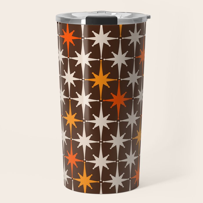 Midcentury Modern Atomic Age Starburst Pattern in Retro 70s Brown Orange Beige Travel Mug Gallery Image 1
