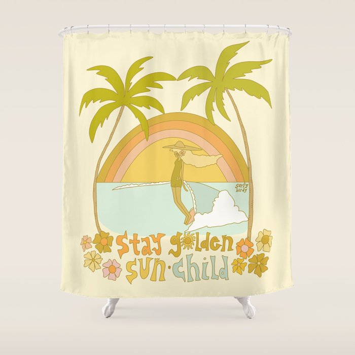 stay golden sun child lady surfer blonde / retro surf art by surfy birdy  Shower Curtain Gallery Image 1