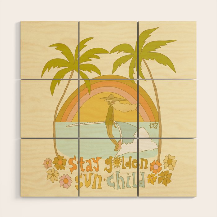 stay golden sun child lady surfer blonde / retro surf art by surfy birdy  Wood Wall Art Gallery Image 1