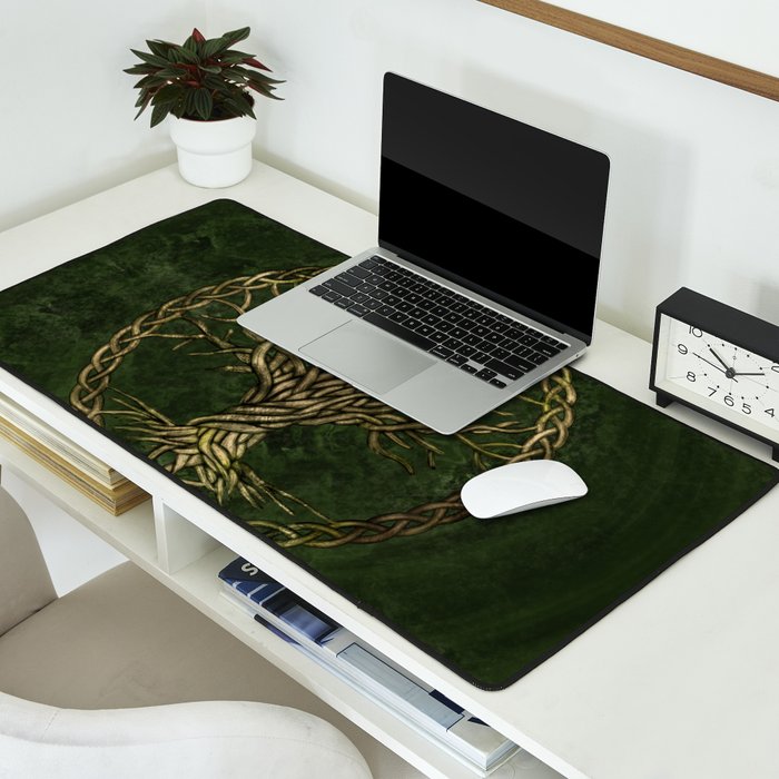 Tree of life -Yggdrasil -green and gold Desk Mat Gallery Image 2