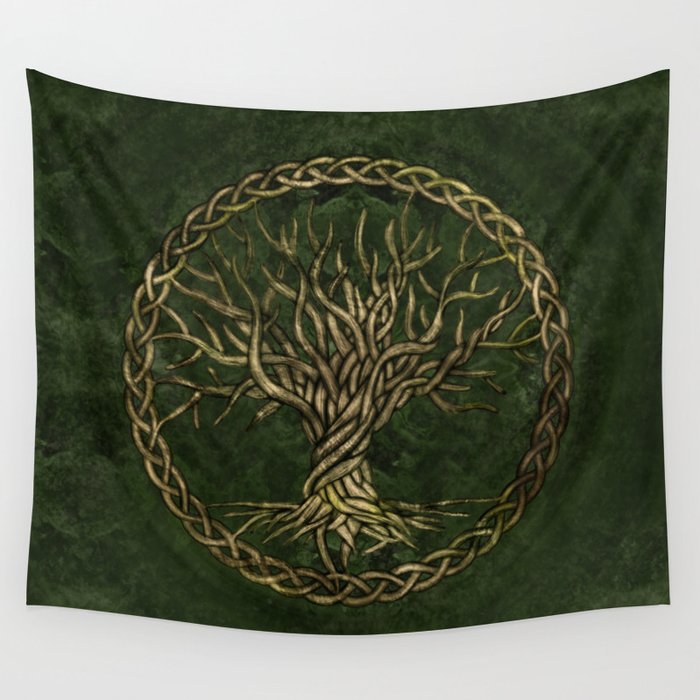 Tree of life -Yggdrasil -green and gold Wall Tapestry Gallery Image 1