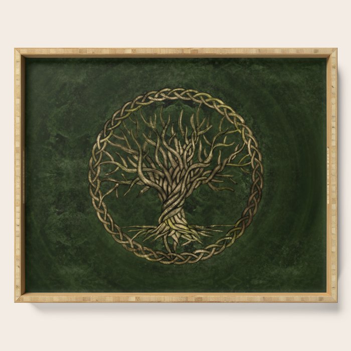 Tree of life -Yggdrasil -green and gold Serving Tray Gallery Image 1