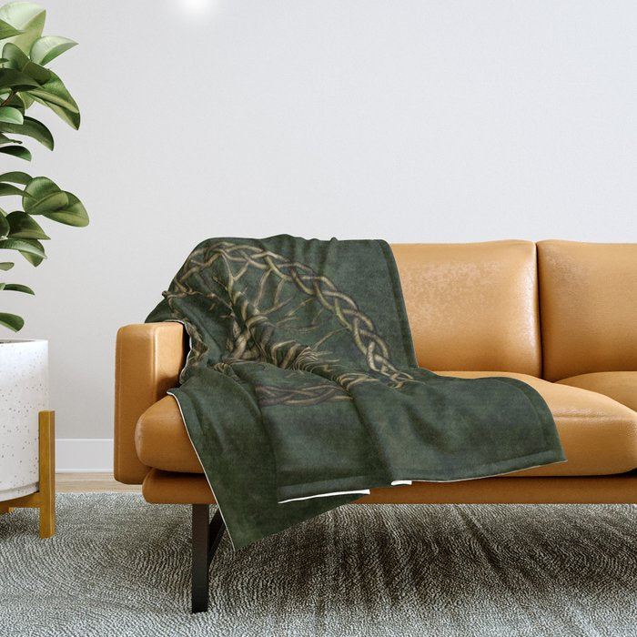 Tree of life -Yggdrasil -green and gold Throw Blanket Gallery Image 1