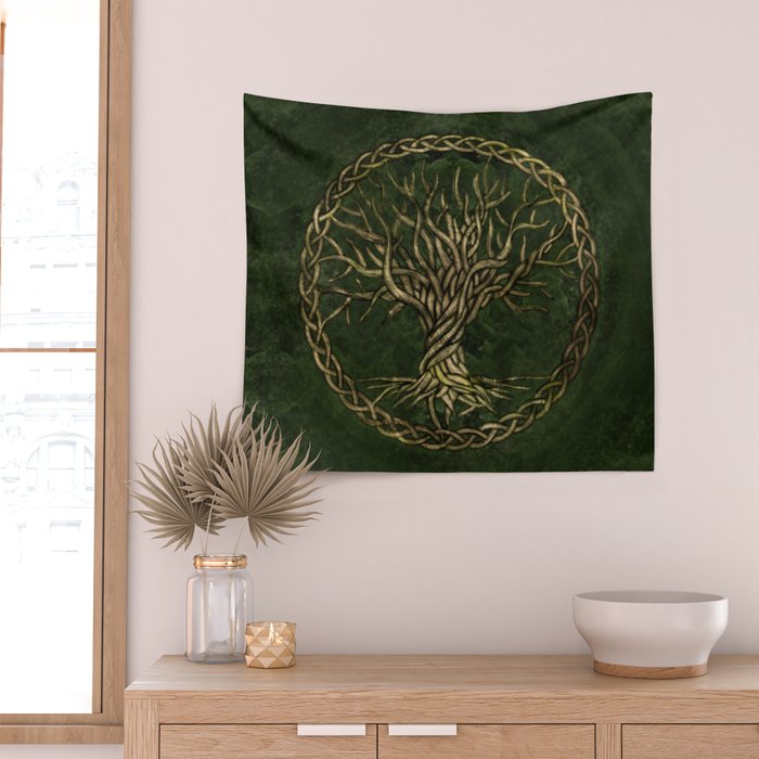 Tree of life -Yggdrasil -green and gold Wall Tapestry Gallery Image 2