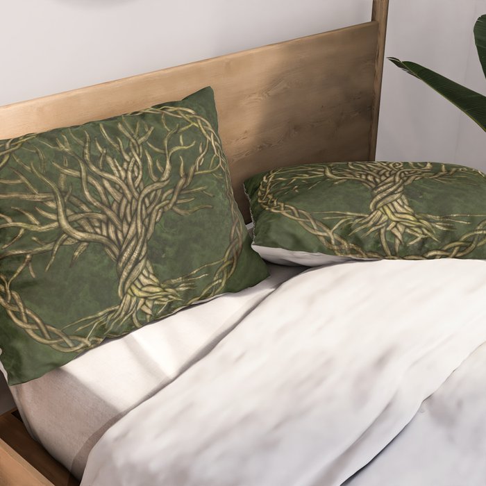 Tree of life -Yggdrasil -green and gold Pillow Sham Gallery Image 2