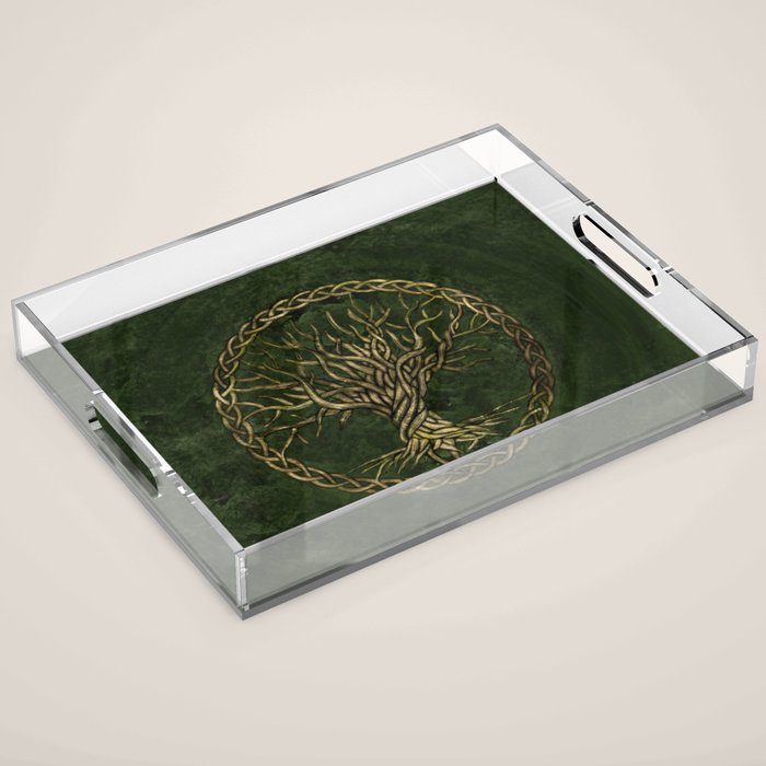 Tree of life -Yggdrasil -green and gold Acrylic Tray Gallery Image 1