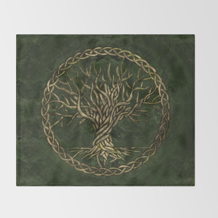 Tree of life -Yggdrasil -green and gold Throw Blanket Gallery Image 2