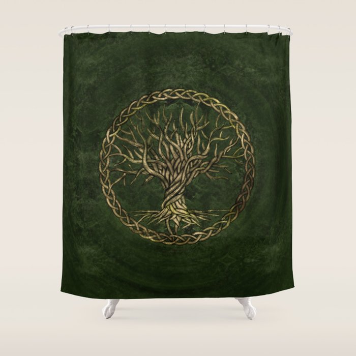 Tree of life -Yggdrasil -green and gold Shower Curtain Gallery Image 1