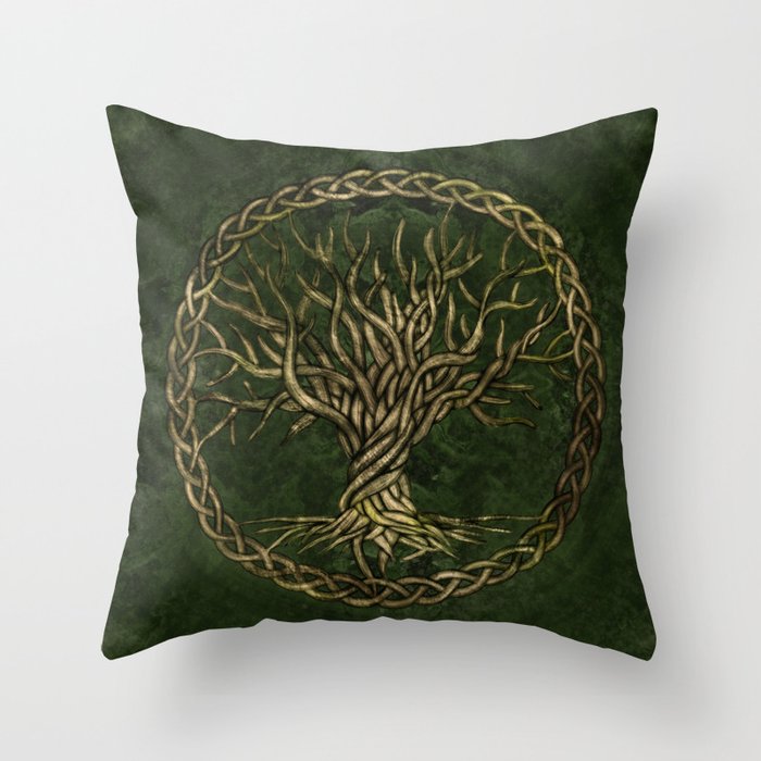 Tree of life -Yggdrasil -green and gold Throw Pillow Gallery Image 1