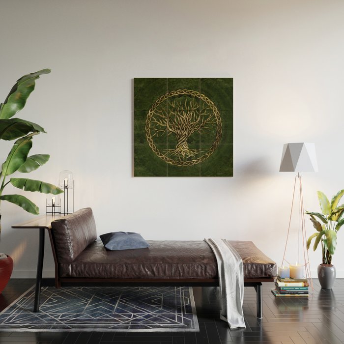 Tree of life -Yggdrasil -green and gold Wood Wall Art Gallery Image 2