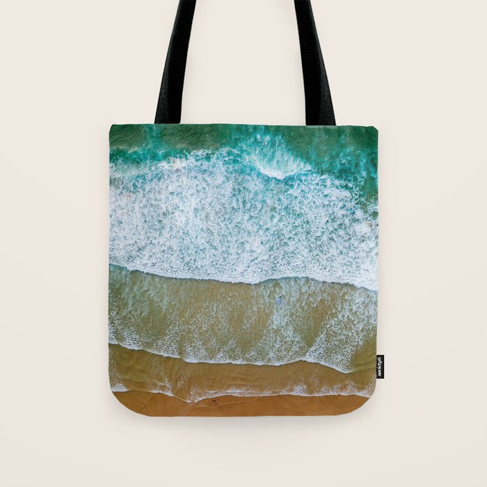 Ocean Waves Crushing On Beach, Drone Photography, Aerial Photo, Ocean And Beach Wall Art Print Decor Tote Bag Gallery Image 1