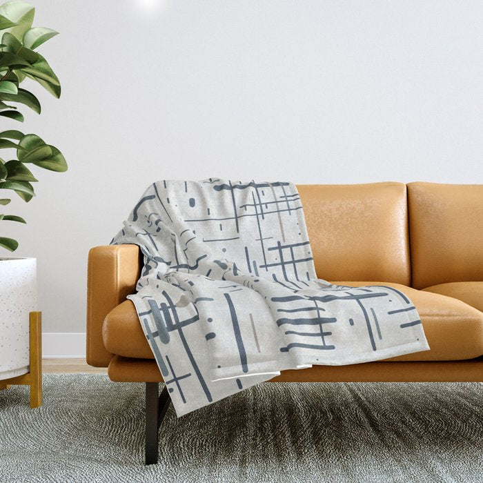 Mid-Century Modern Kinetikos Pattern in Neutral Blue Gray Tones on Nearly White Throw Blanket Gallery Image 1