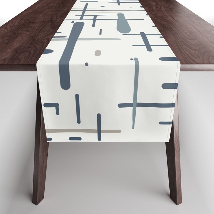 Mid-Century Modern Kinetikos Pattern in Neutral Blue Gray Tones on Nearly White Table Runner Gallery Image 1