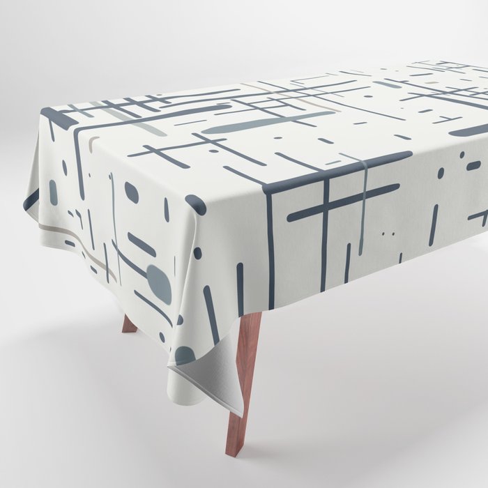 Mid-Century Modern Kinetikos Pattern in Neutral Blue Gray Tones on Nearly White Tablecloth