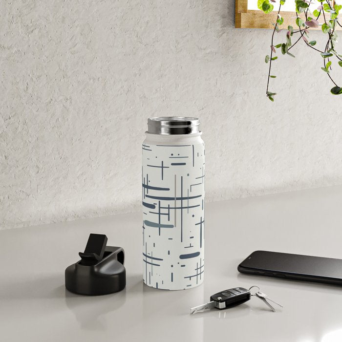 Mid-Century Modern Kinetikos Pattern in Neutral Blue Gray Tones on Nearly White Water Bottle Gallery Image 4