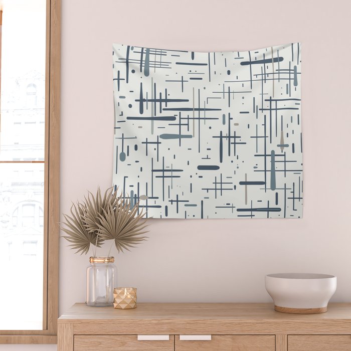 Mid-Century Modern Kinetikos Pattern in Neutral Blue Gray Tones on Nearly White Wall Tapestry Gallery Image 2
