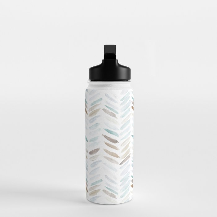 Artistic herringbone - watercolor chevron in blue and earthy Water Bottle Gallery Image 3