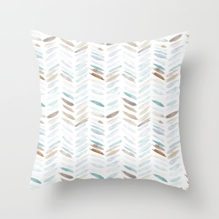 Artistic herringbone - watercolor chevron in blue and earthy Throw Pillow Gallery Image 1