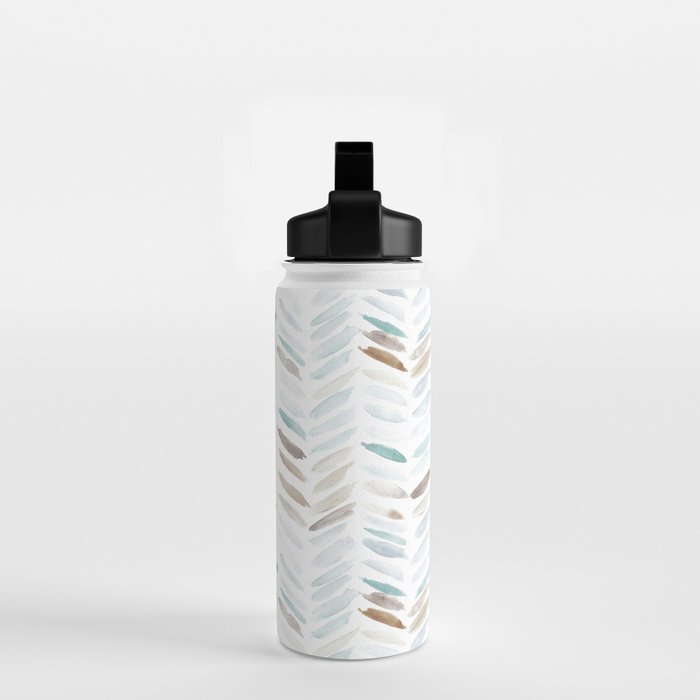 Artistic herringbone - watercolor chevron in blue and earthy Water Bottle Gallery Image 2