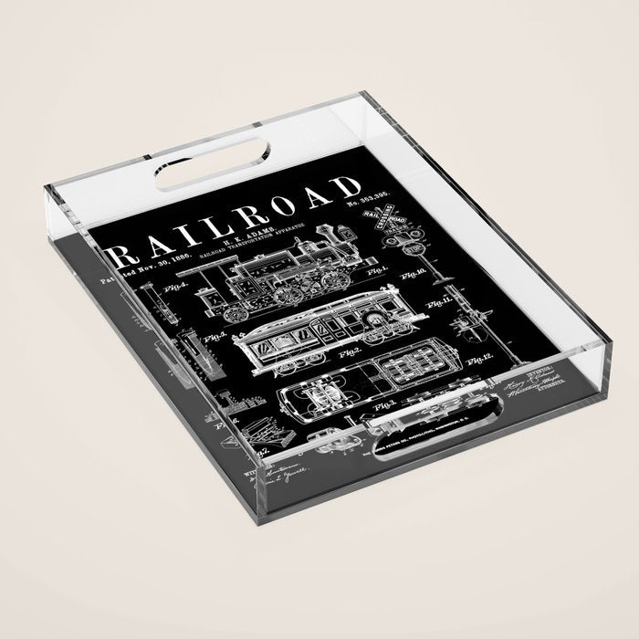 Railroad Railway Steam Locomotive Train Vintage Patent Print Acrylic Tray Gallery Image 1