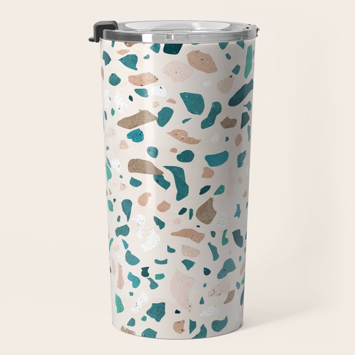 Terrazzo Memphis beige turquoise brown white Travel Mug Gallery Image 3