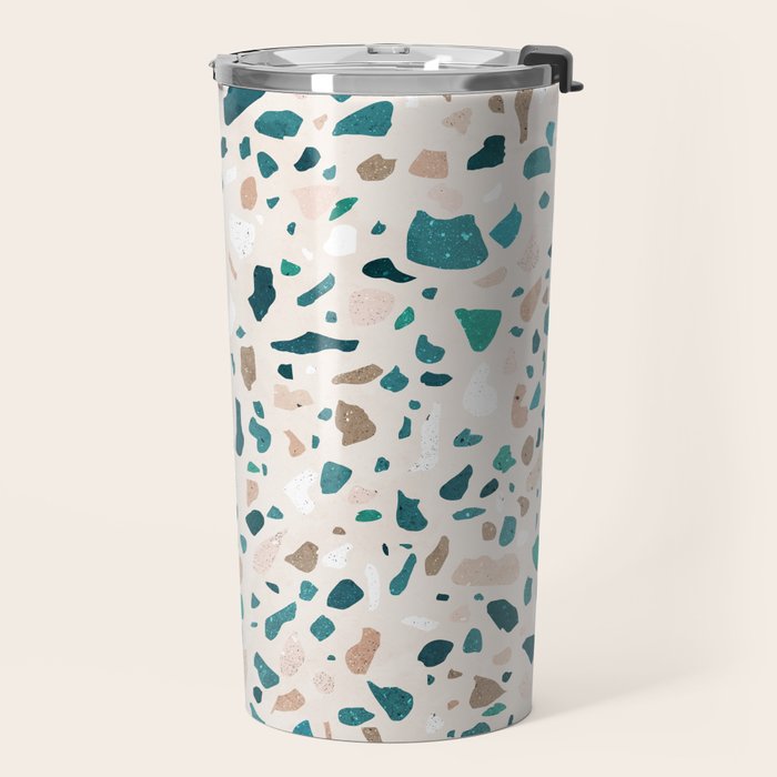 Terrazzo Memphis beige turquoise brown white Travel Mug Gallery Image 2