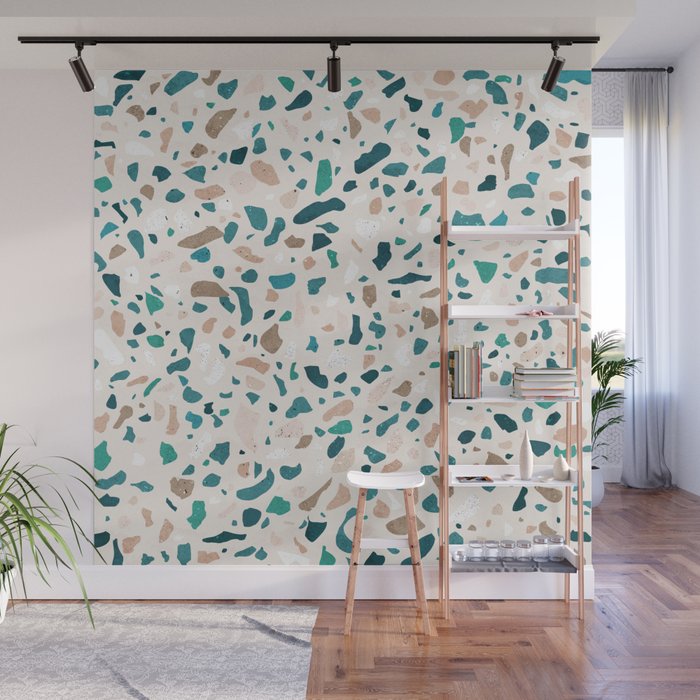 Terrazzo Memphis beige turquoise brown white Wall Mural Gallery Image 1