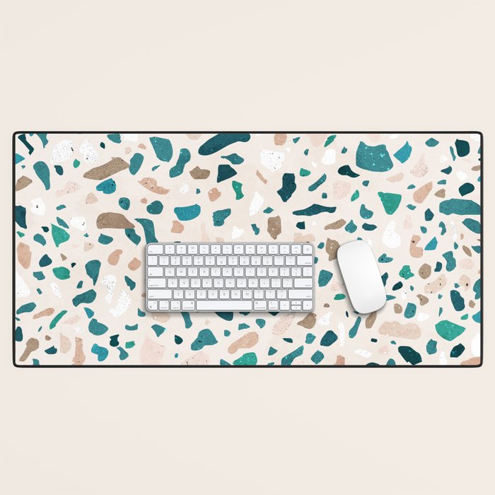Terrazzo Memphis beige turquoise brown white Desk Mat Gallery Image 1